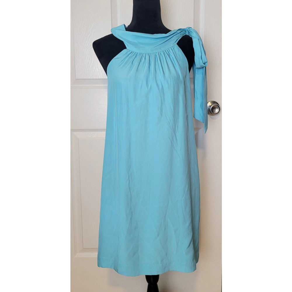 LaRoque Original Silk Halter Dress Turquoise Blue Side Tie Bow Mini Dress‎ 4